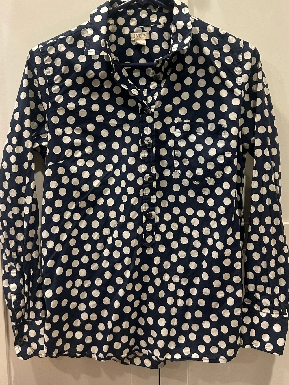 J Crew factory printed popover - navy polka dot cotton